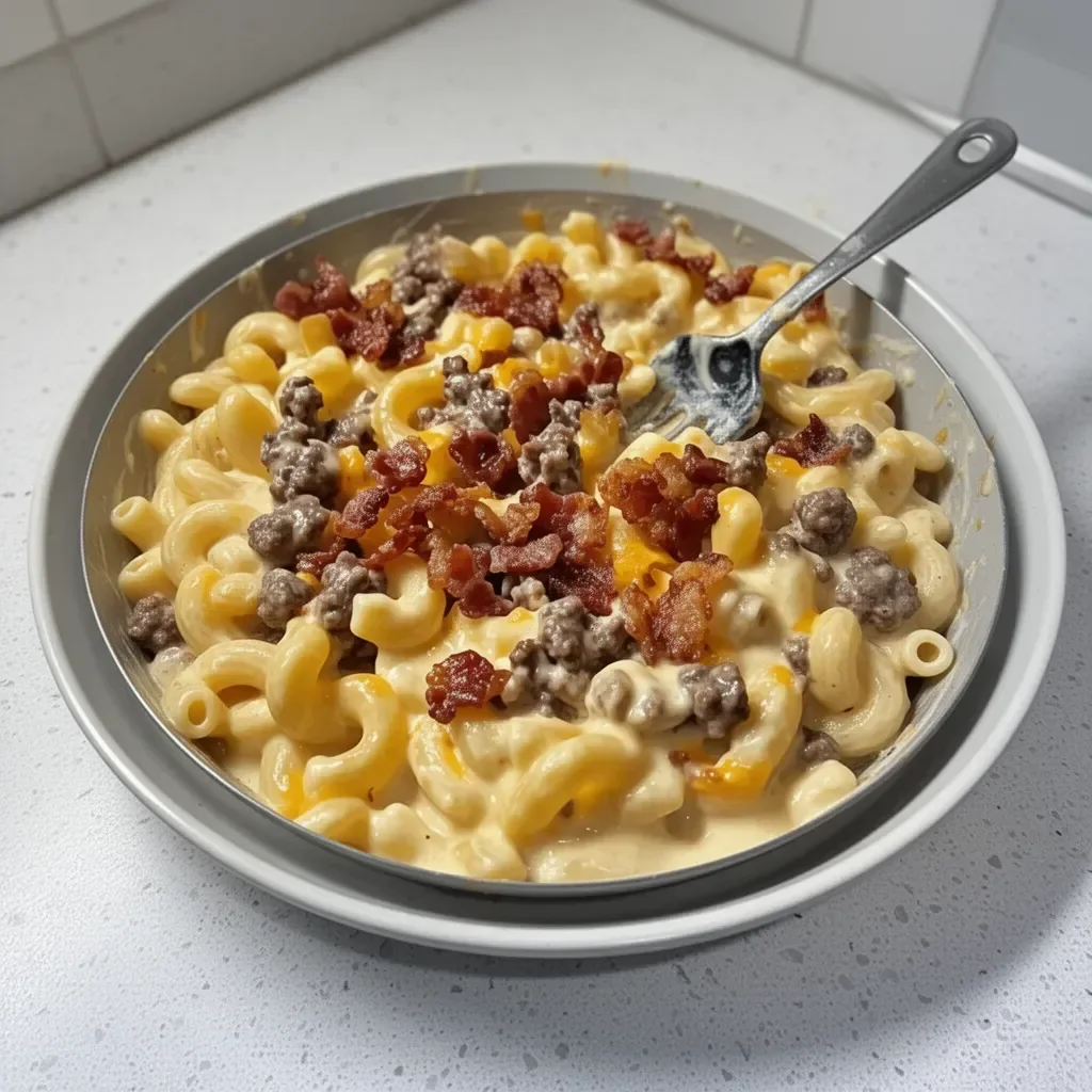 Loaded bacon cheeseburger alfredo pasta served in a bowl