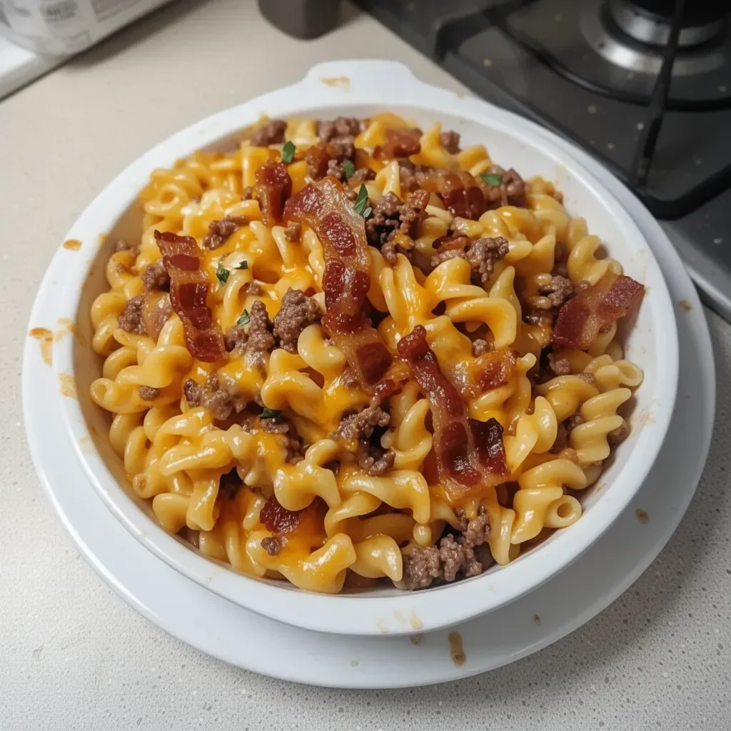 Delicious loaded Bacon Cheeseburger Pasta topped with cheese and bacon.