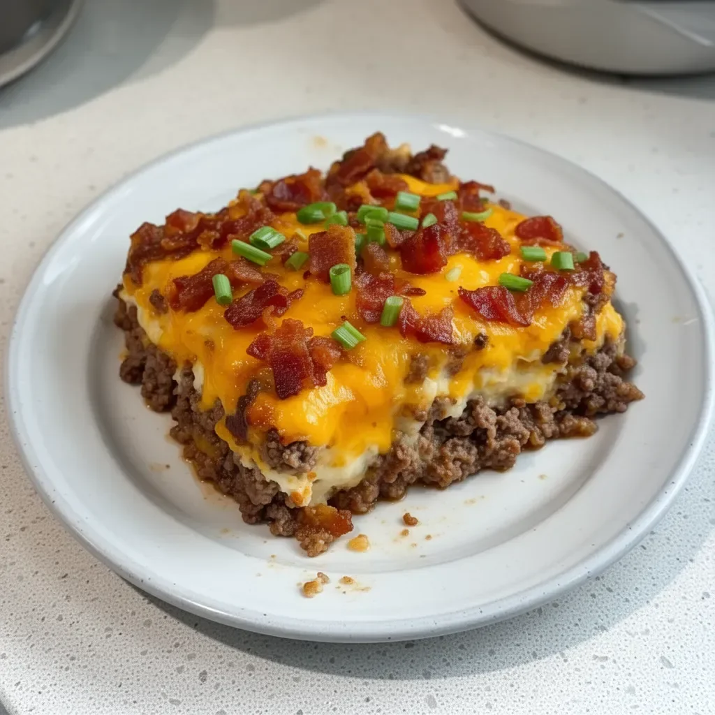 Low carb bacon cheeseburger casserole topped with melted cheese and crispy bacon