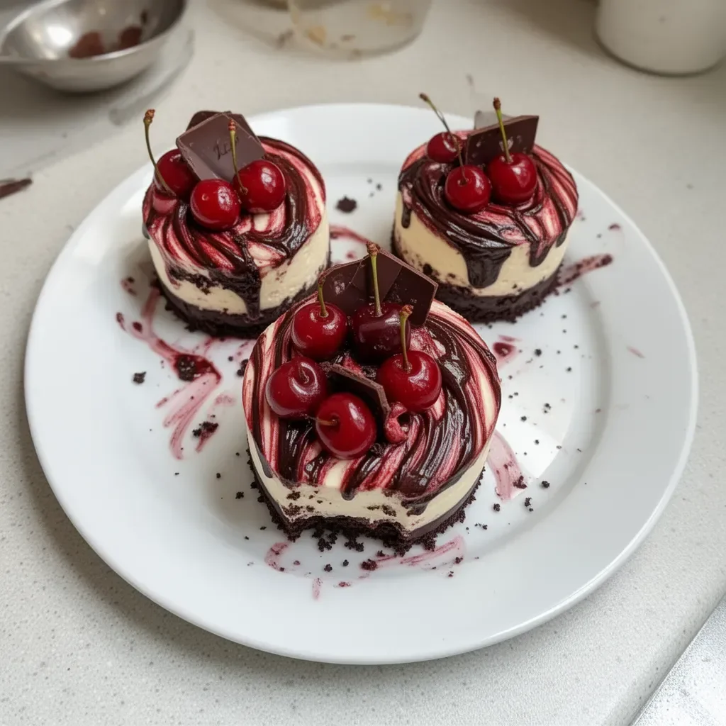 Mini Black Forest Cheesecakes topped with cherries and chocolate shavings