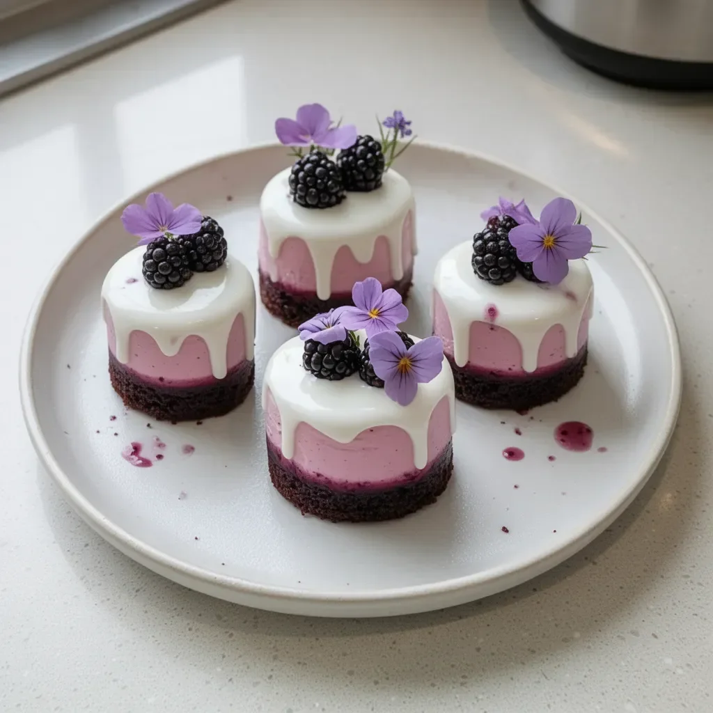 Delicious mini blackberry mousse cakes topped with fresh blackberries