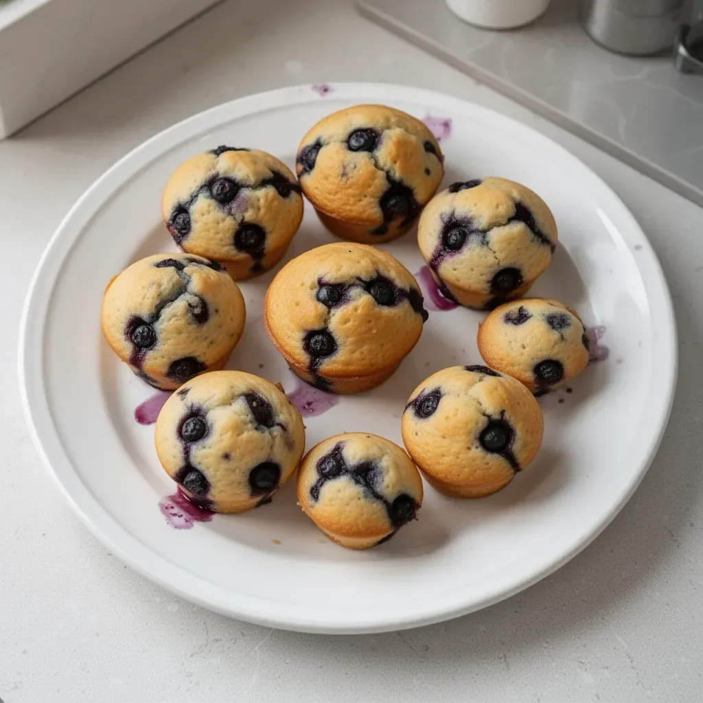 Freshly baked mini blueberry muffins on a wooden table