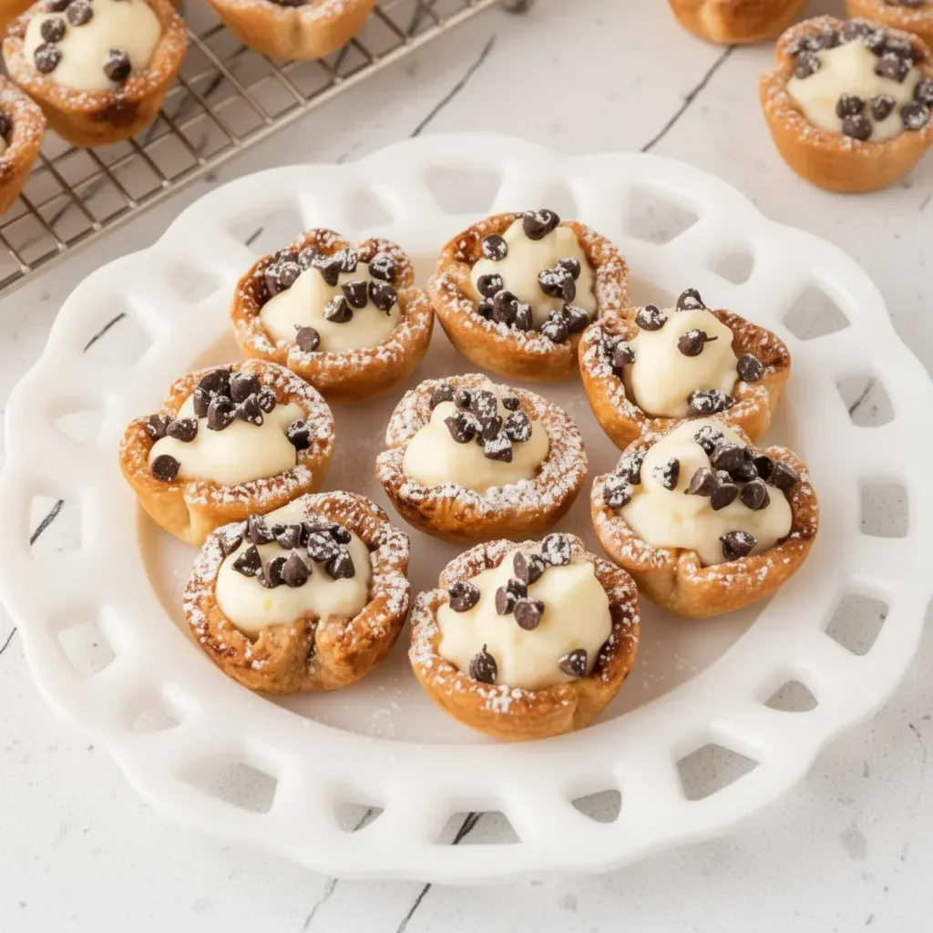 Mini cannoli cups filled with sweet ricotta cream and topped with chocolate chips.