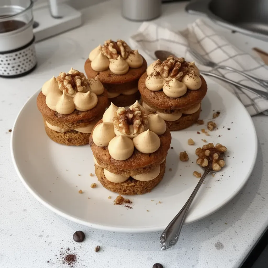 Mini coffee and walnut cakes displayed on a platter.
