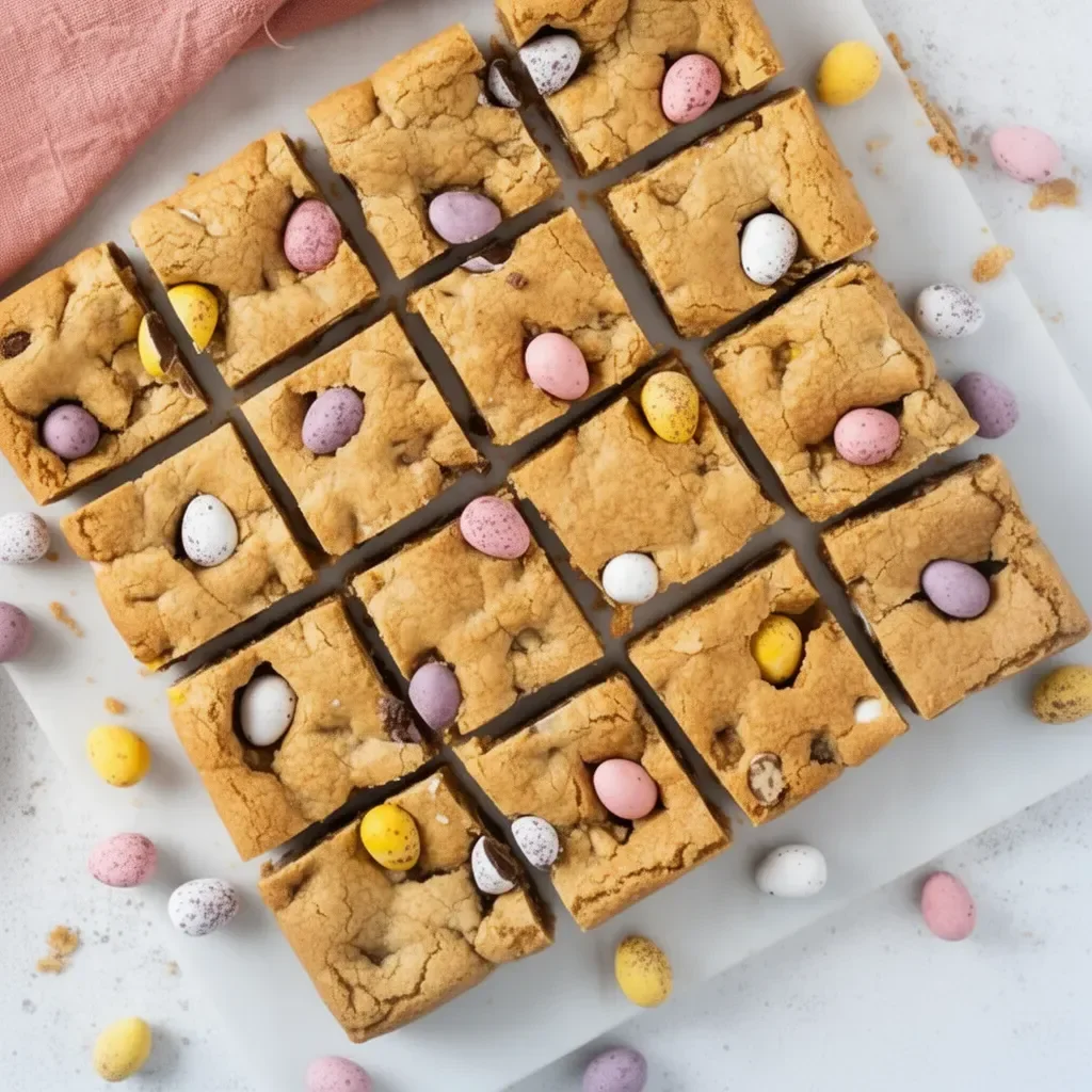 Delicious Mini Egg Cookie Bars decorated with chocolate eggs