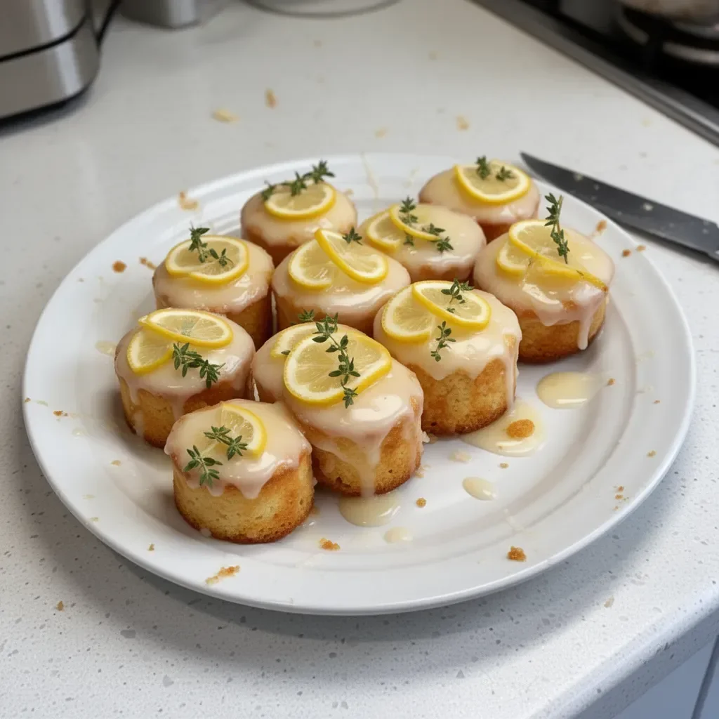 Mini lemon drizzle cakes with glaze and zest decor on a platter.