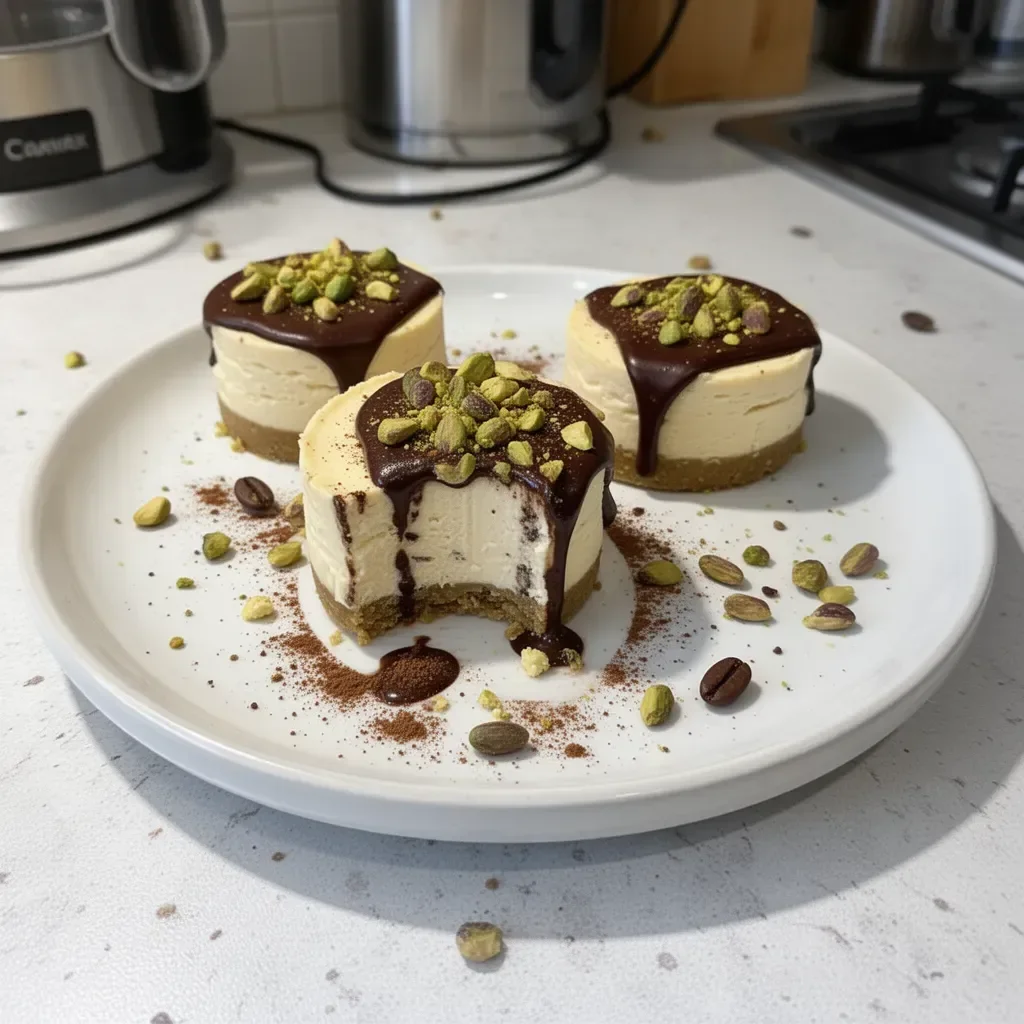 Mini pistachio and coffee cheesecakes on a serving platter