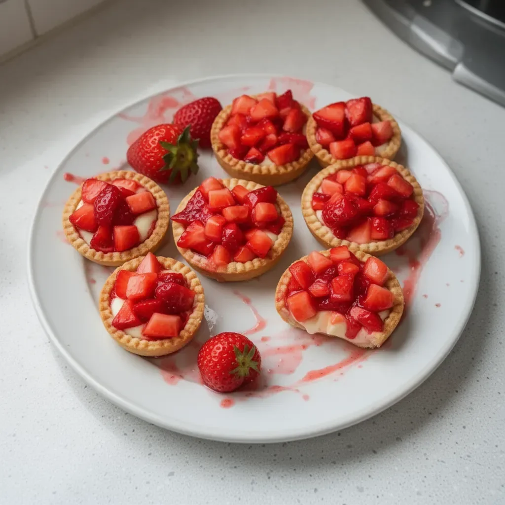Mini strawberry tartlets topped with fresh strawberries and cream.