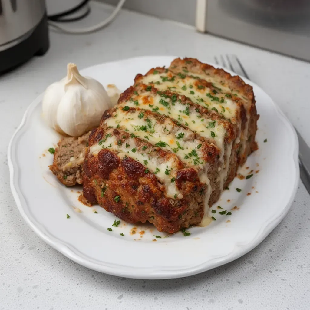 Delicious garlic parmesan meatloaf served with herbs and side dishes.
