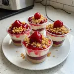 Delicious no-bake cheesecake parfaits layered in a glass with berries and cream.