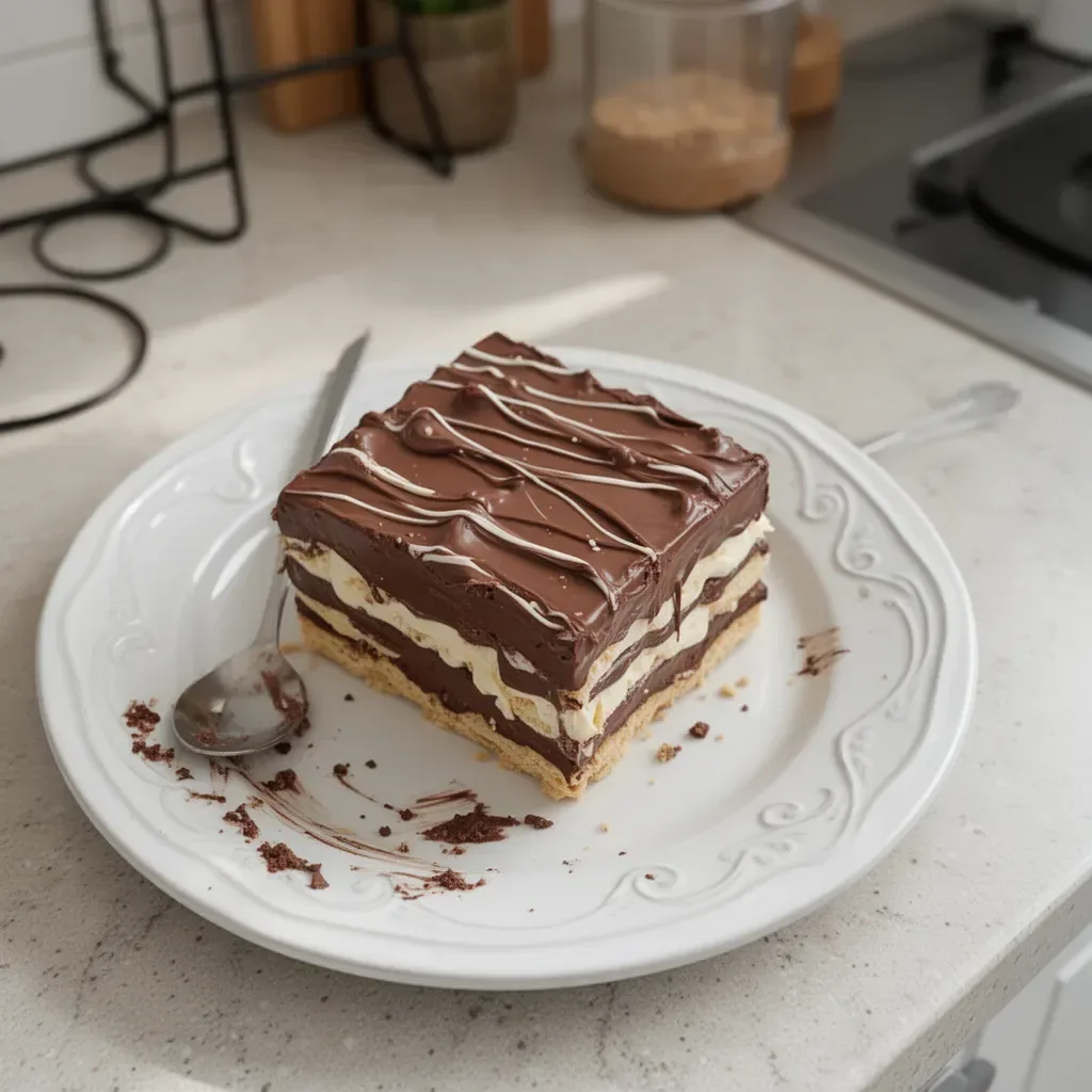 No Bake Chocolate Eclair Cake layered with chocolate and cream