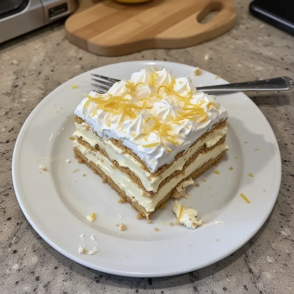 No-Bake Lemon Eclair Cake topped with creamy lemon filling and graham crackers