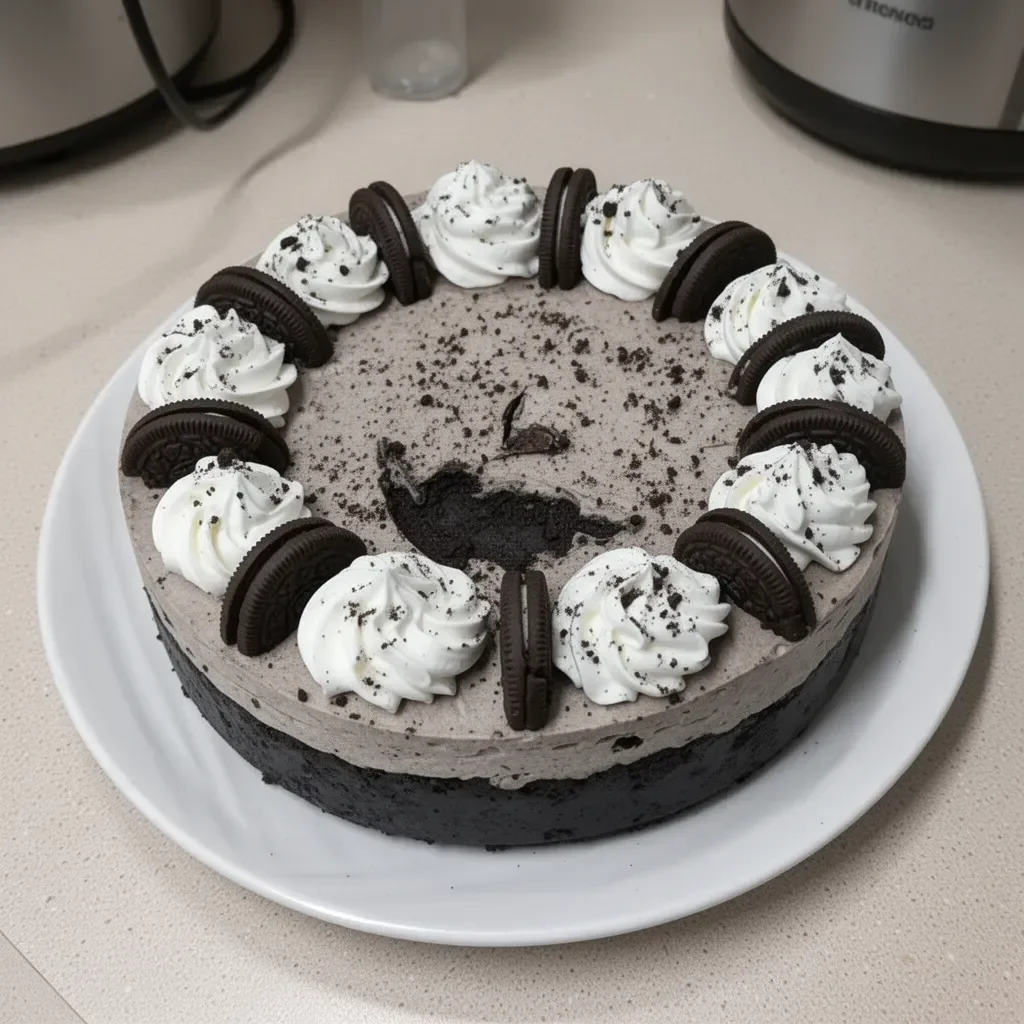 No-Bake Oreo Cheesecake topped with crushed Oreos and cream