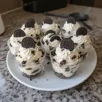 No-bake Oreo cheesecake cups topped with Oreo cookie crumbs