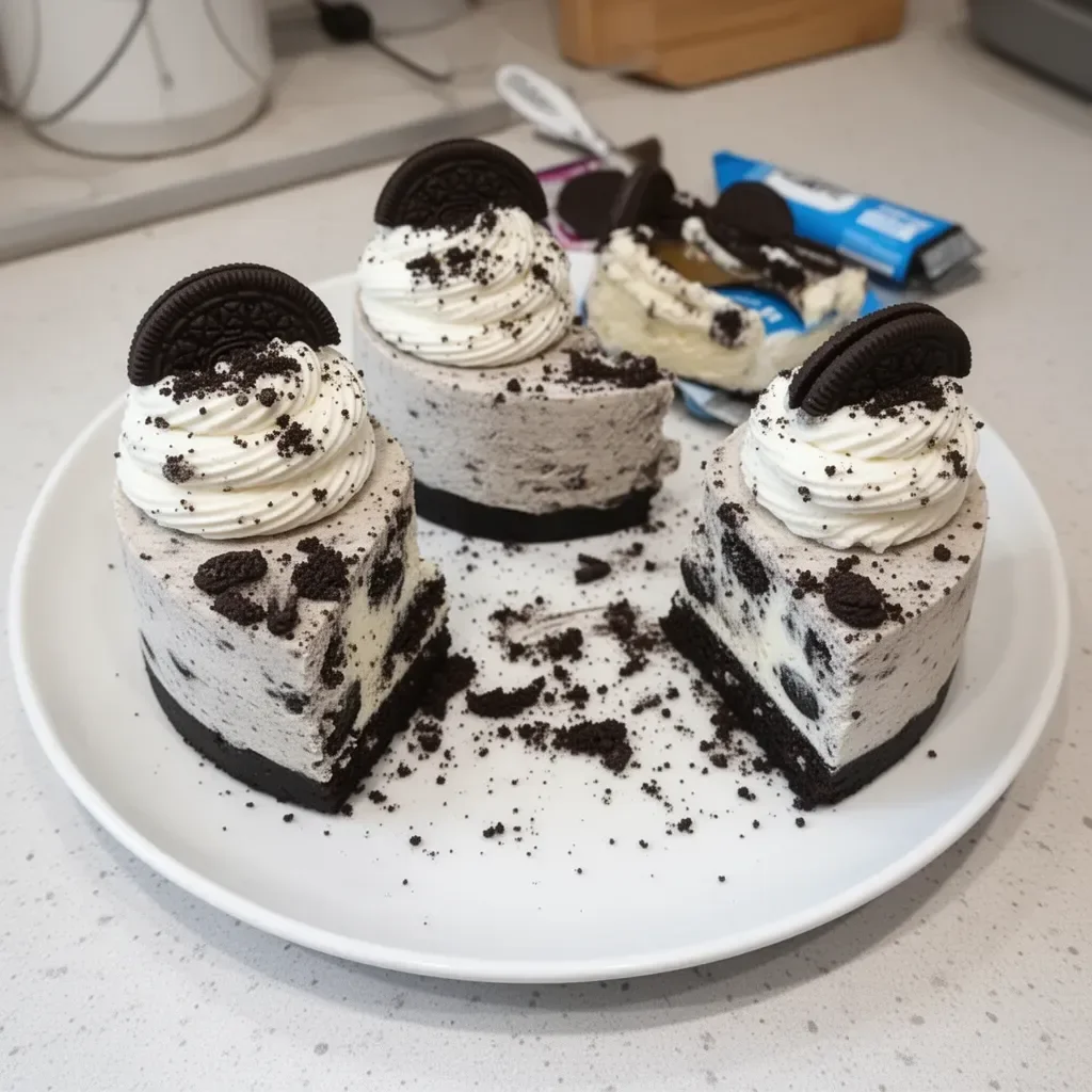 Delicious no-bake Oreo cheesecakes topped with crushed Oreos and chocolate sauce