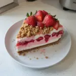 No-bake strawberry crunch cheesecake with fresh strawberries and a crunchy crust