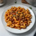 One Pot Beefaroni dish with pasta and ground beef in a savory sauce