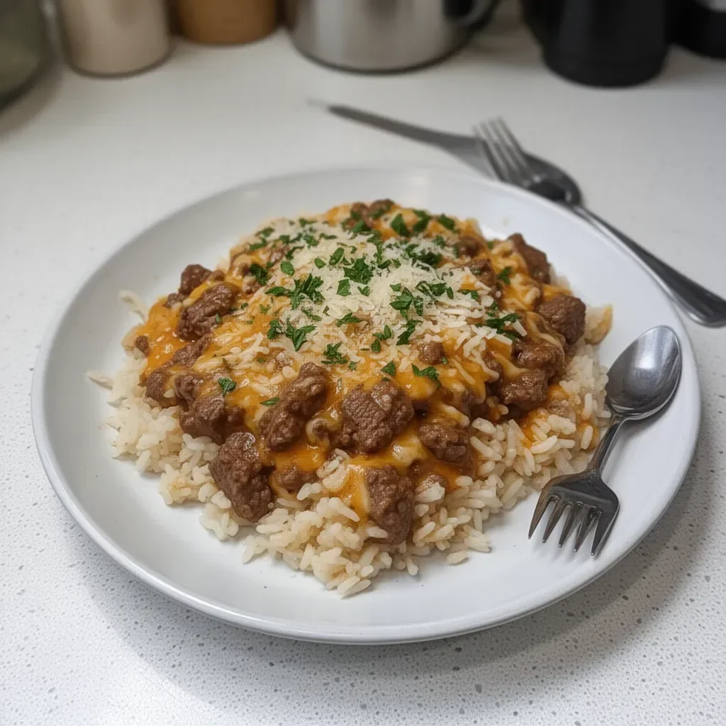 One-skillet beef and rice dish prepared in a pan for a quick family meal