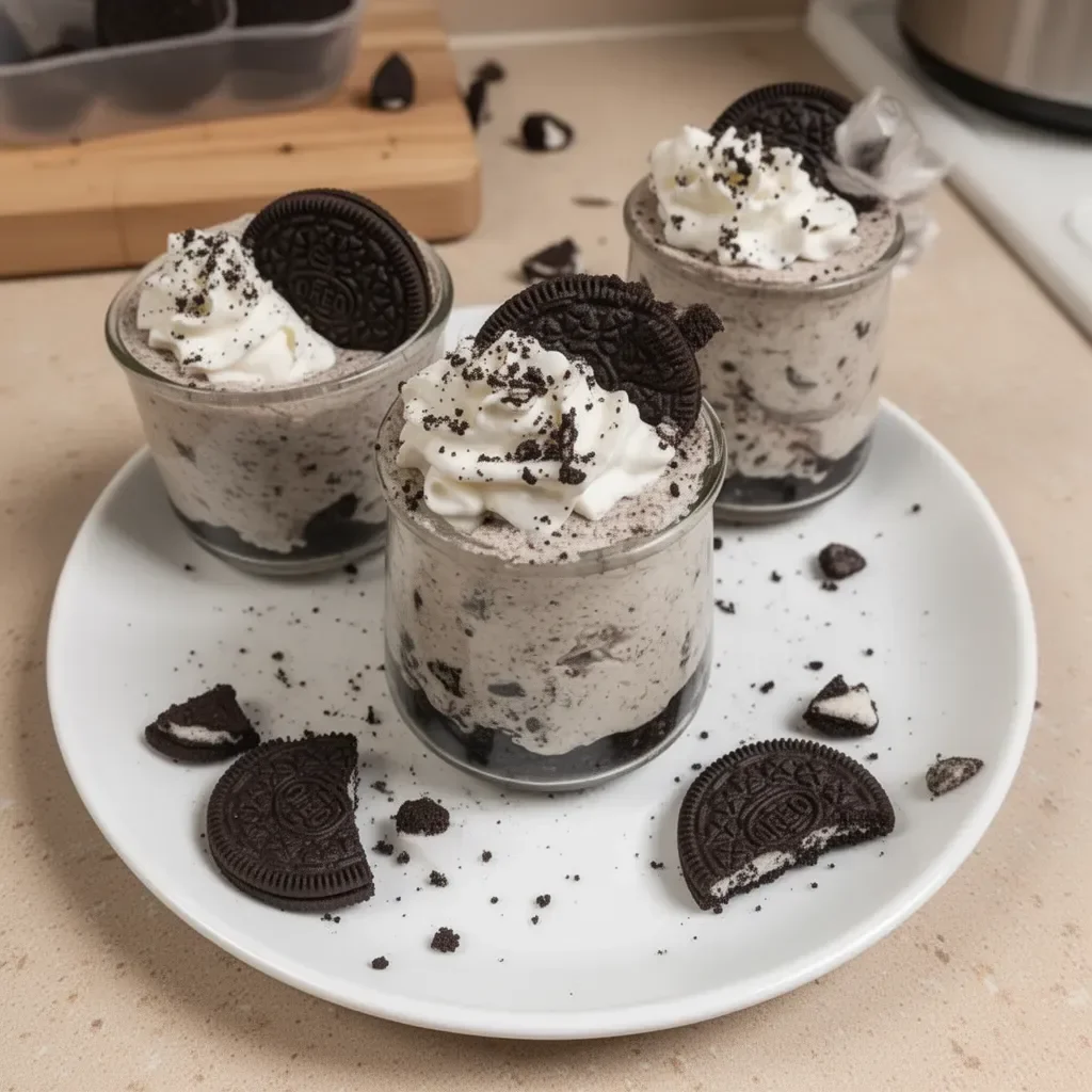 Oreo No-Bake Cheesecake Cups served in glass cups with cookie crumbles