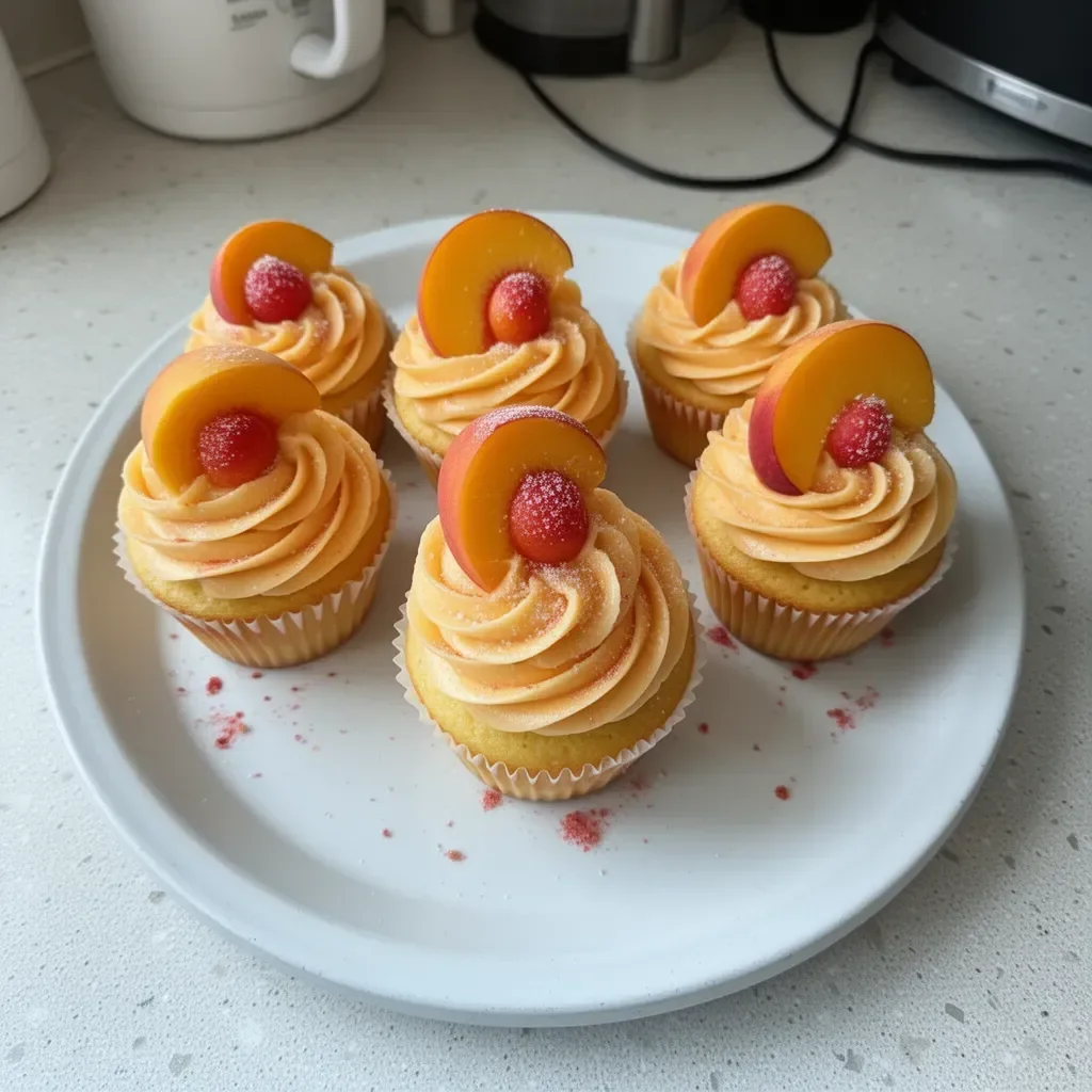 Peach Bellini Cupcakes topped with peach slices and sparkling frosting