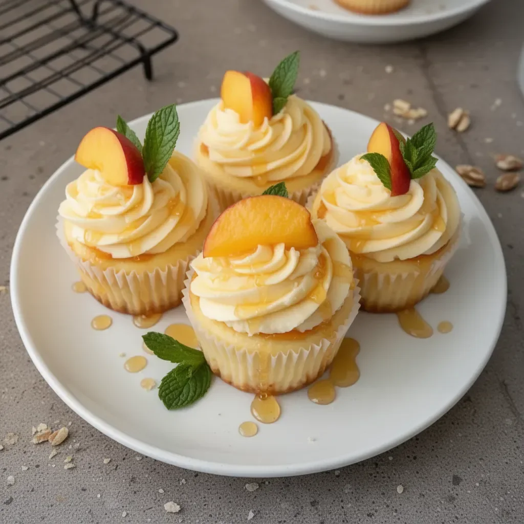 Peach and Honey Cheesecake Cupcakes decorated with fresh peach slices