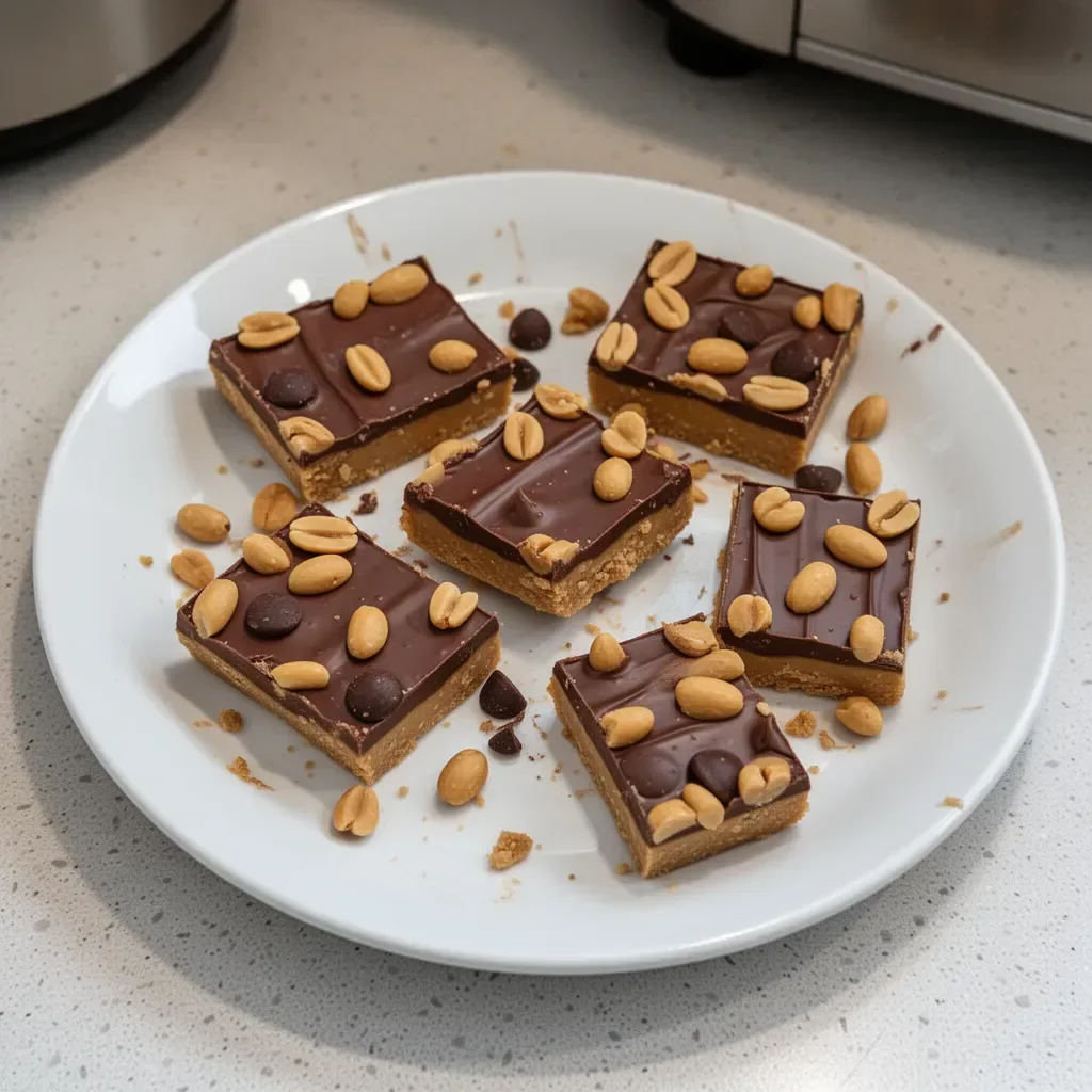 Delicious homemade Peanut Butter Chocolate Bars stacked on a plate