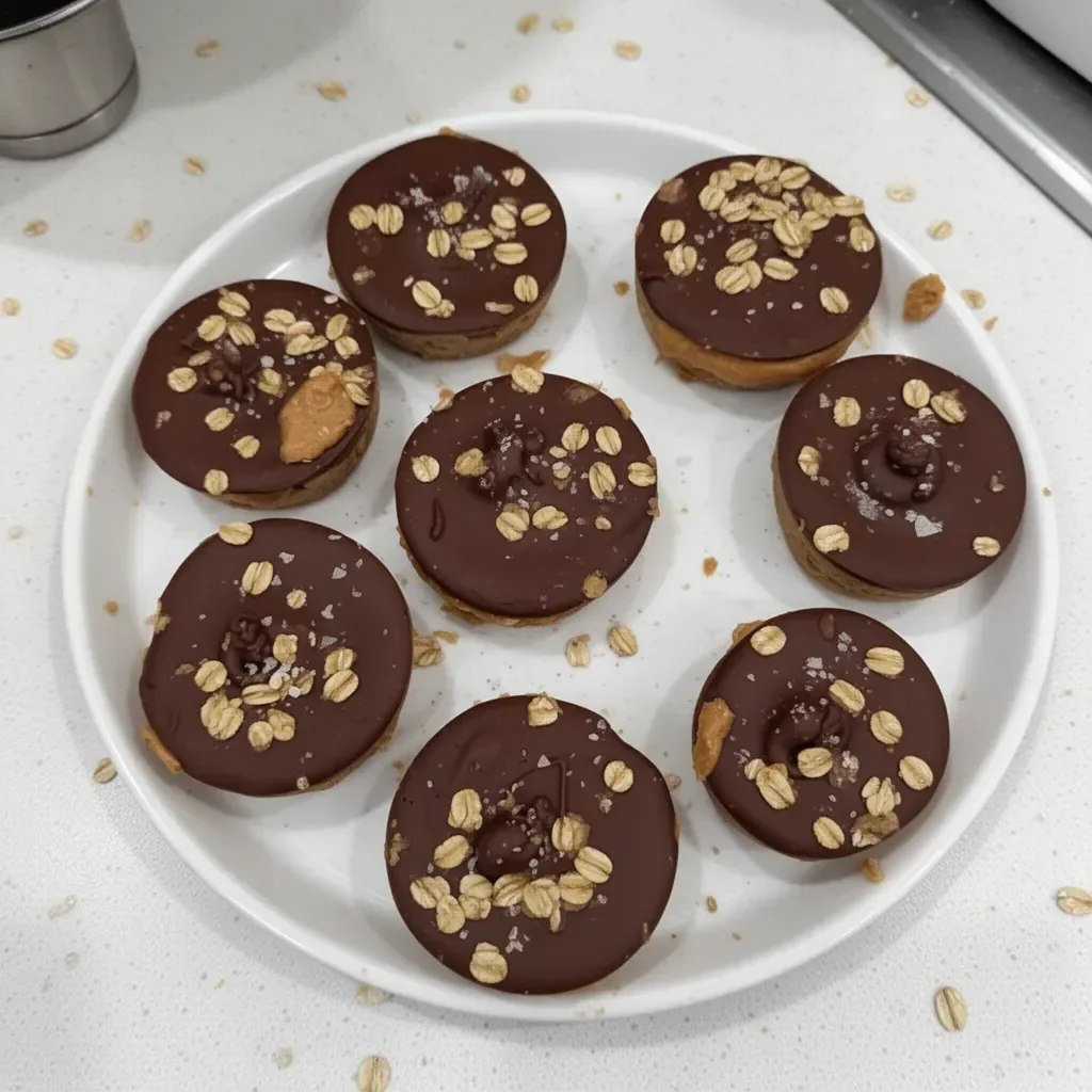 Homemade peanut butter oat cups topped with chocolate and nuts