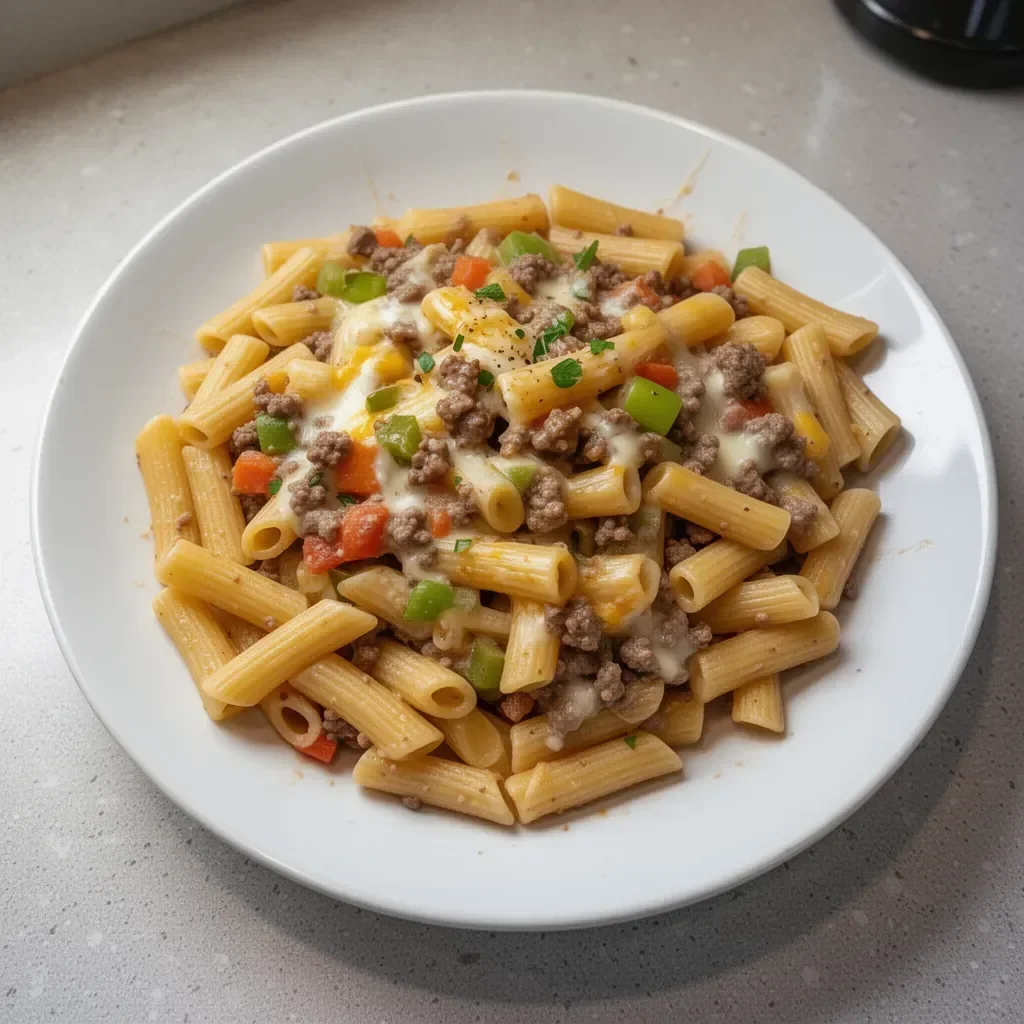 Creamy Philly cheesesteak pasta dish topped with herbs and cheese.