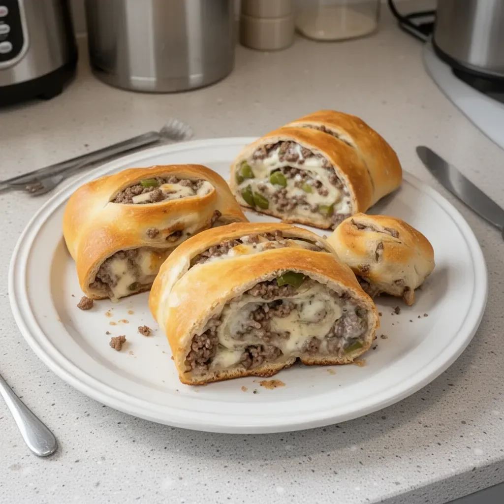 Philly Cheesesteak Stromboli with melted cheese and beef in a golden crust