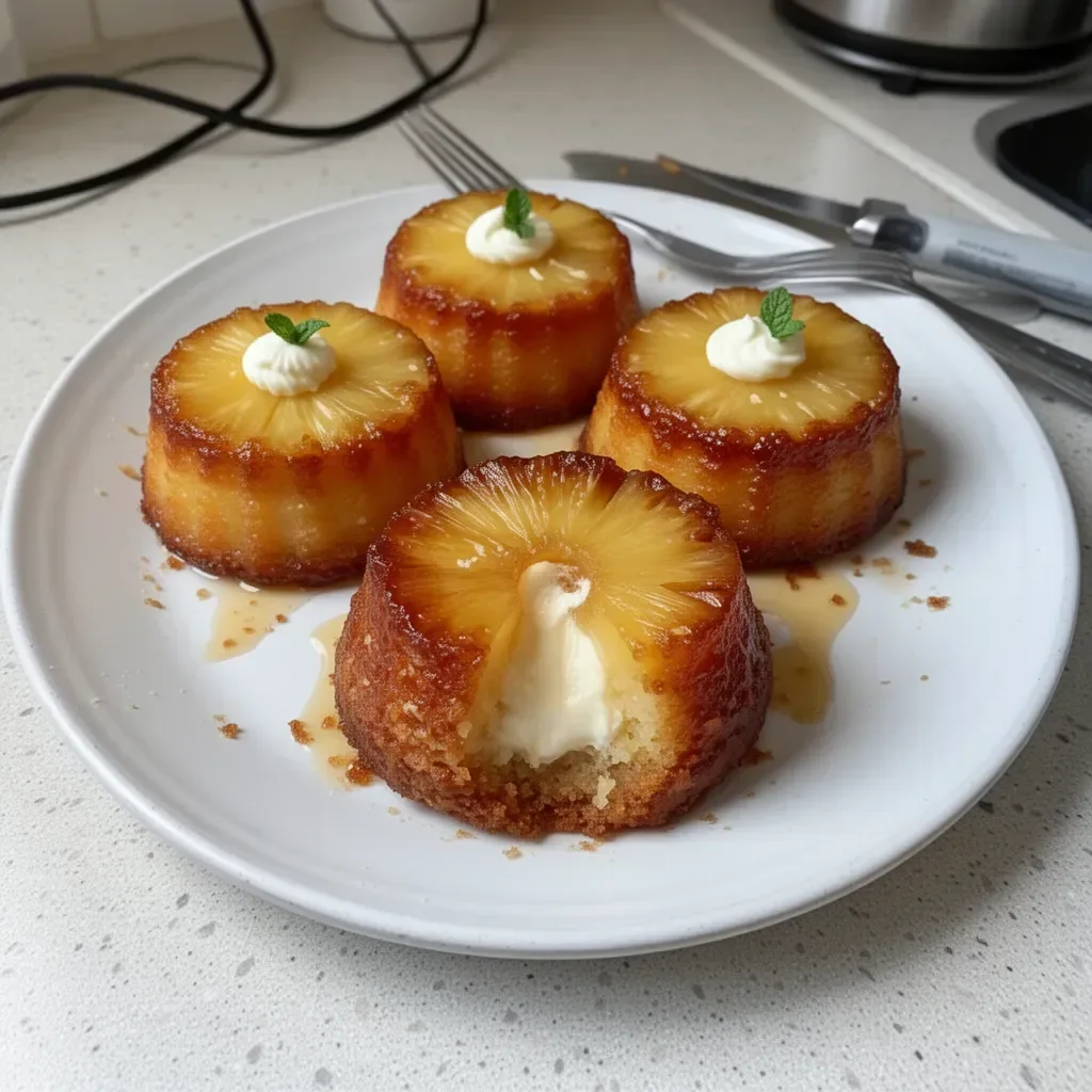 Pineapple mascarpone upside-down mini cakes on a white plate