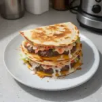 Delicious quesadilla burger served with salsa and toppings on a wooden platter