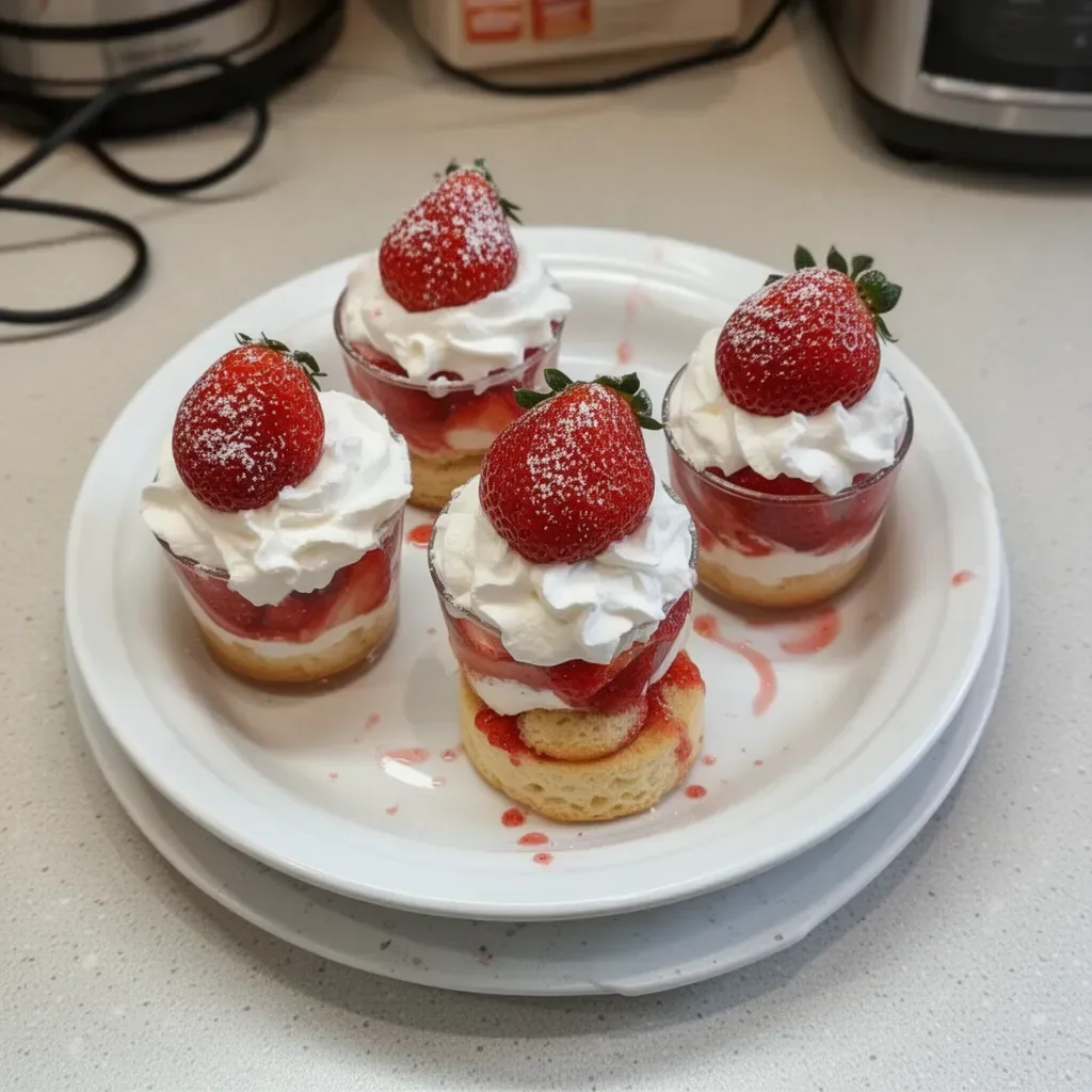Quick Strawberry Shortcake Cups topped with fresh strawberries and whipped cream