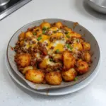 Sloppy Joe Potato Skillet topped with cheese and herbs on a plate
