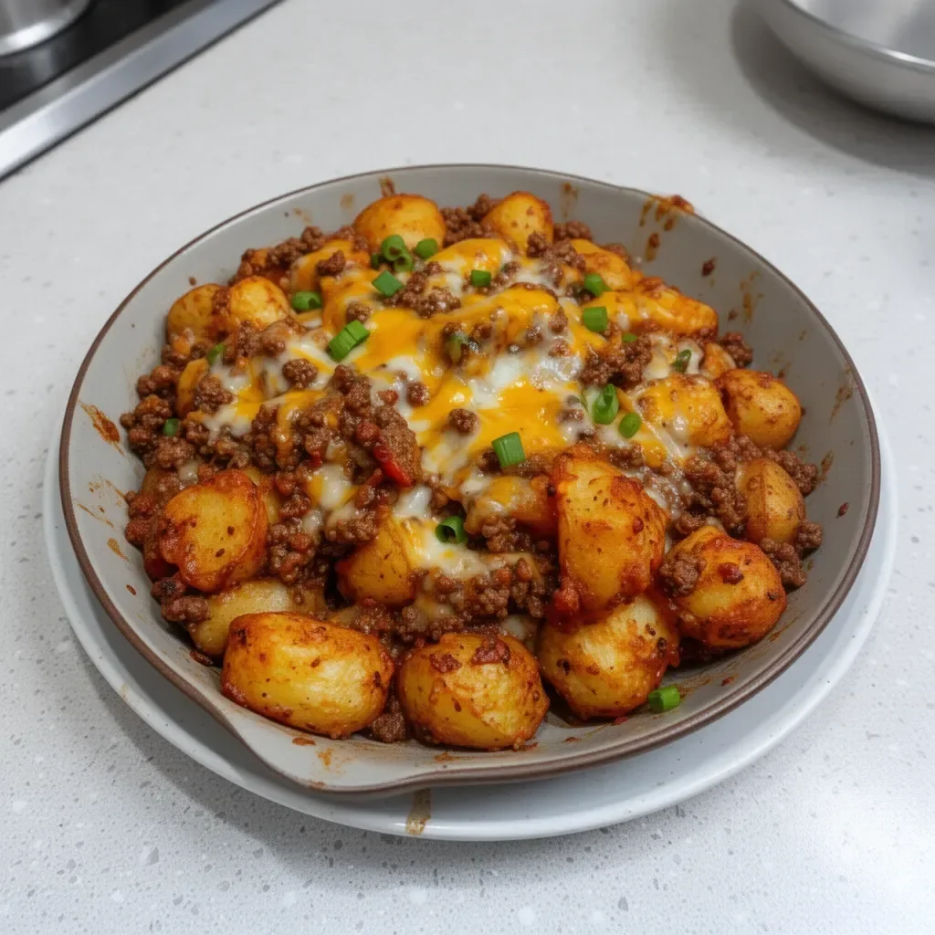 Sloppy Joe Potato Skillet topped with cheese and herbs on a plate