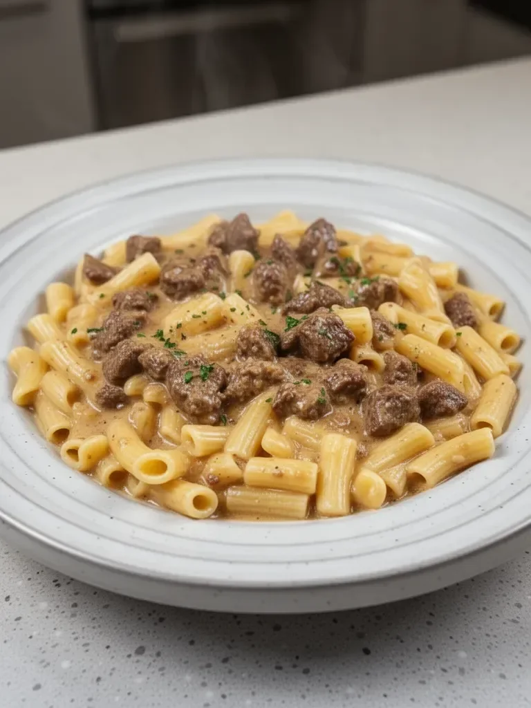 Slow Cooker Creamy Garlic Beef Pasta