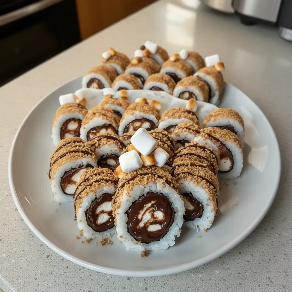 Delicious s'mores sushi rolls with chocolate, marshmallow, and graham cracker ingredients.