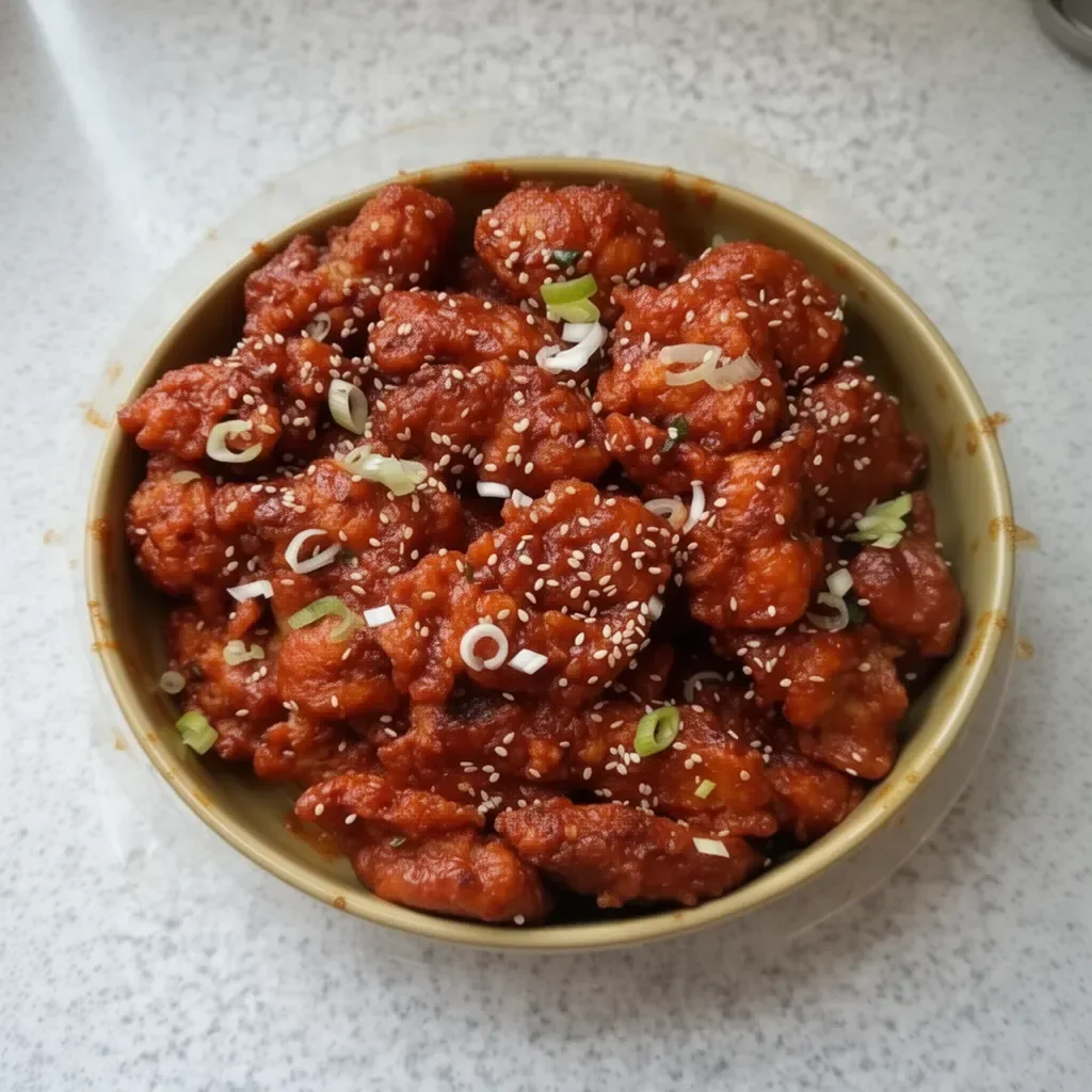 Crispy spicy Korean Fried Chicken served on a plate with garnishes