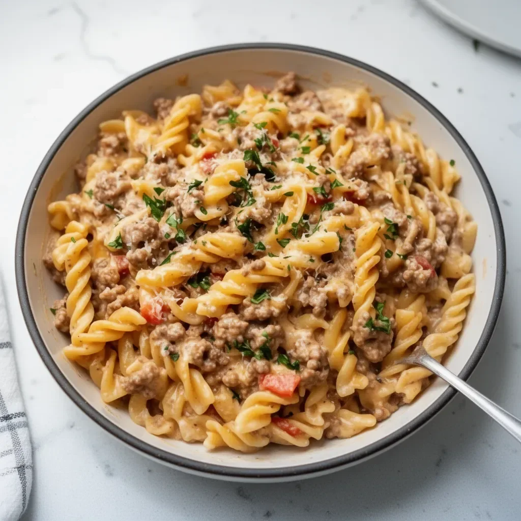Stovetop creamy ground beef pasta in a skillet, ready to serve