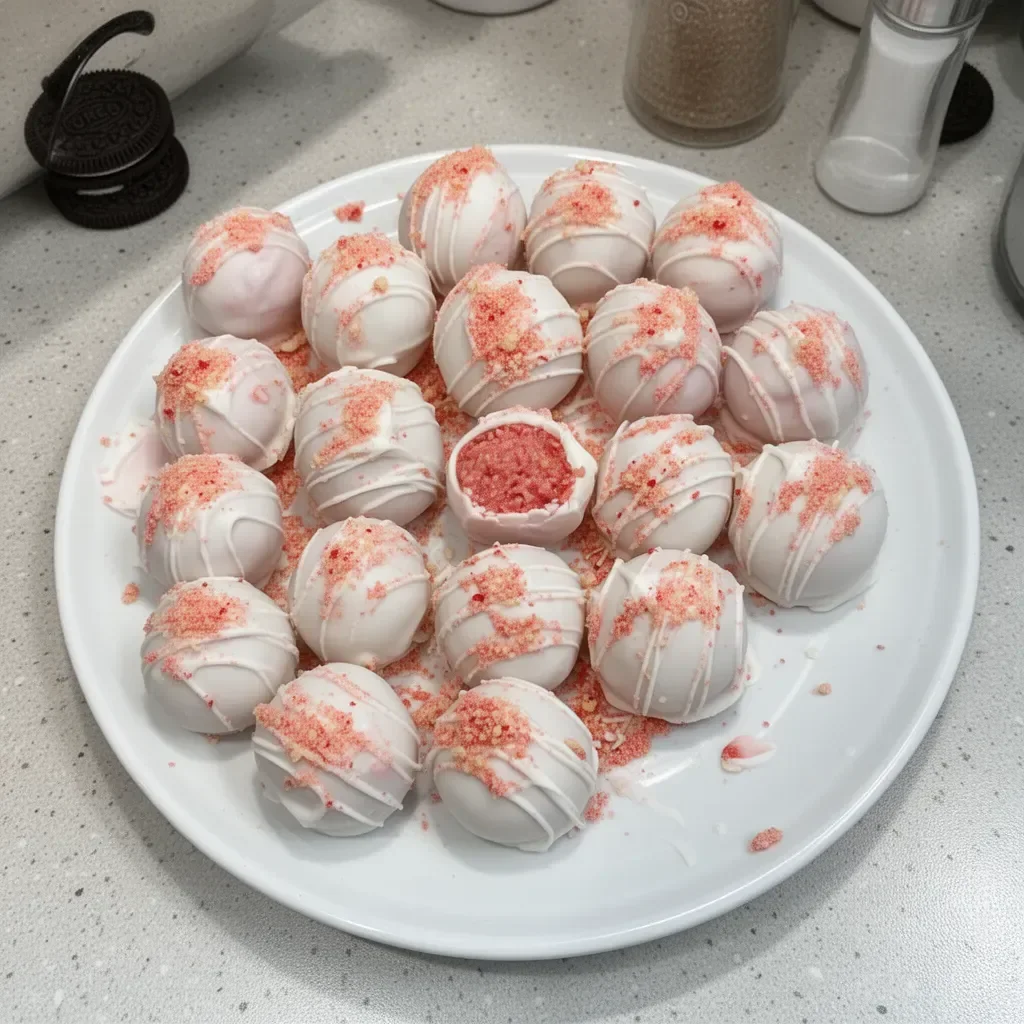 Delicious Strawberry Cheesecake Oreo Truffles on a white plate.