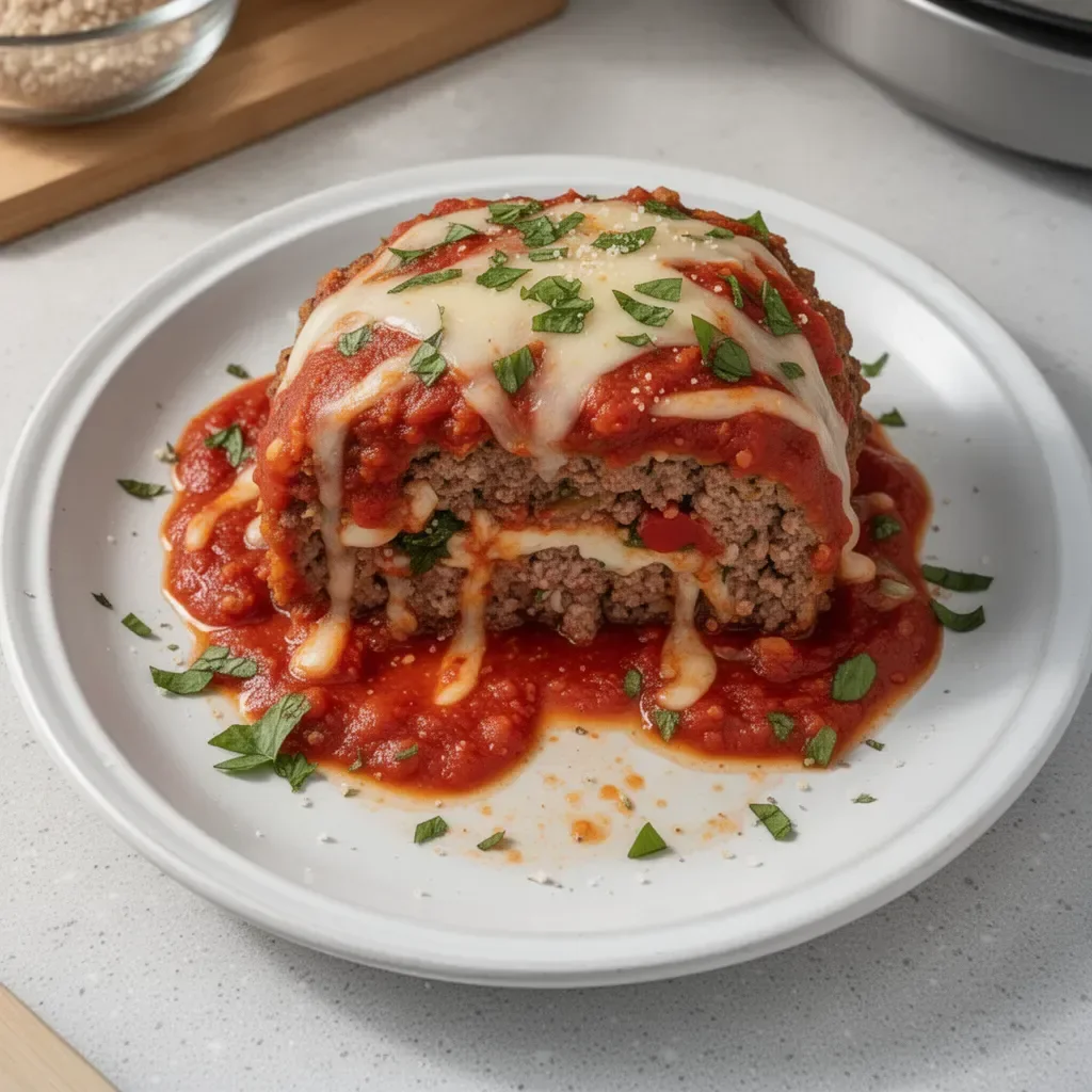 Delicious stuffed Italian meatloaf with herbs and cheese, served on a plate.