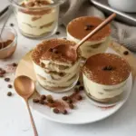 Delicious tiramisu cups dessert with coffee and mascarpone layers