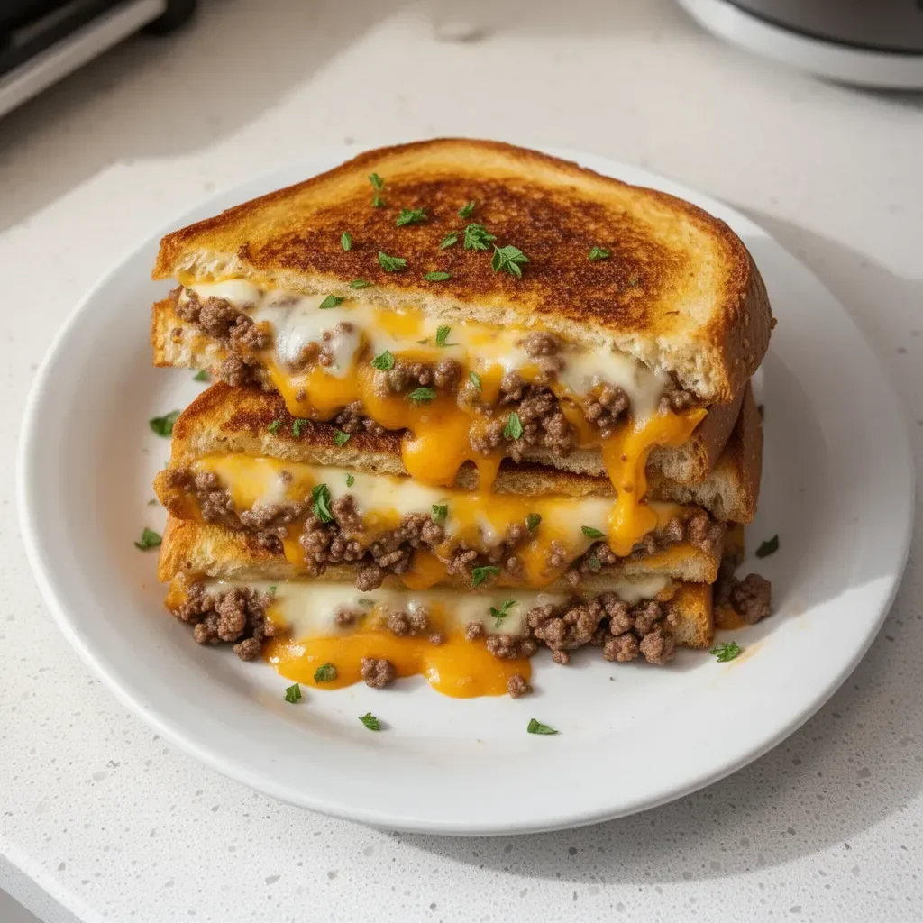 Ultimate Cheesy Ground Beef Melt served with toppings