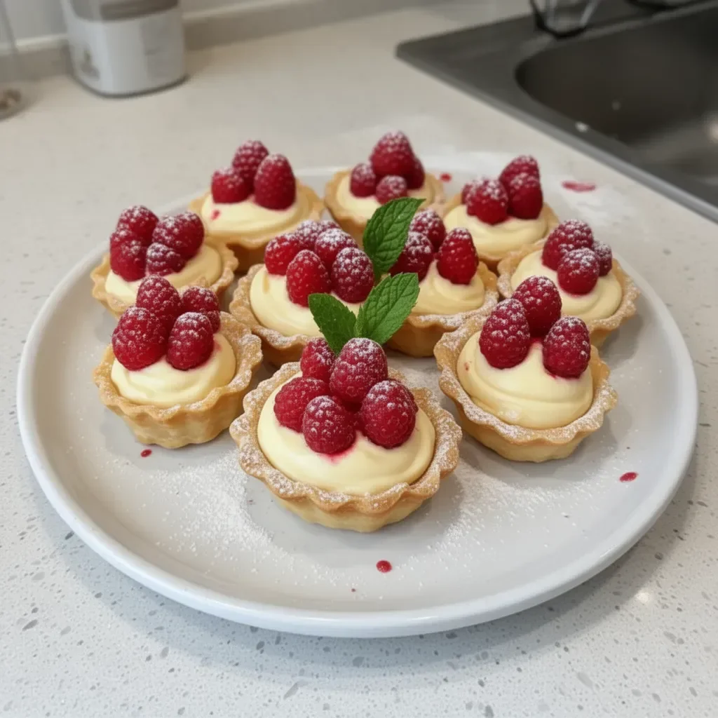 Vanilla cream tarts with fresh raspberries on a wooden table