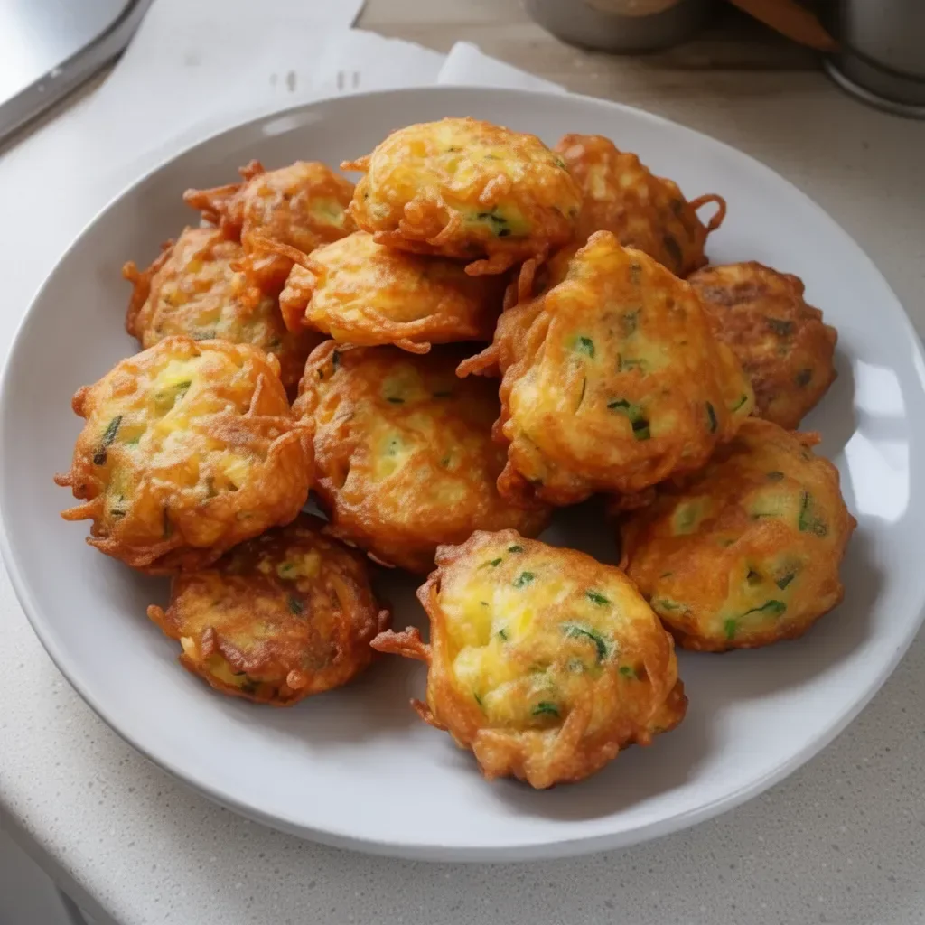 Plate of crispy vegetable fritters garnished with fresh herbs