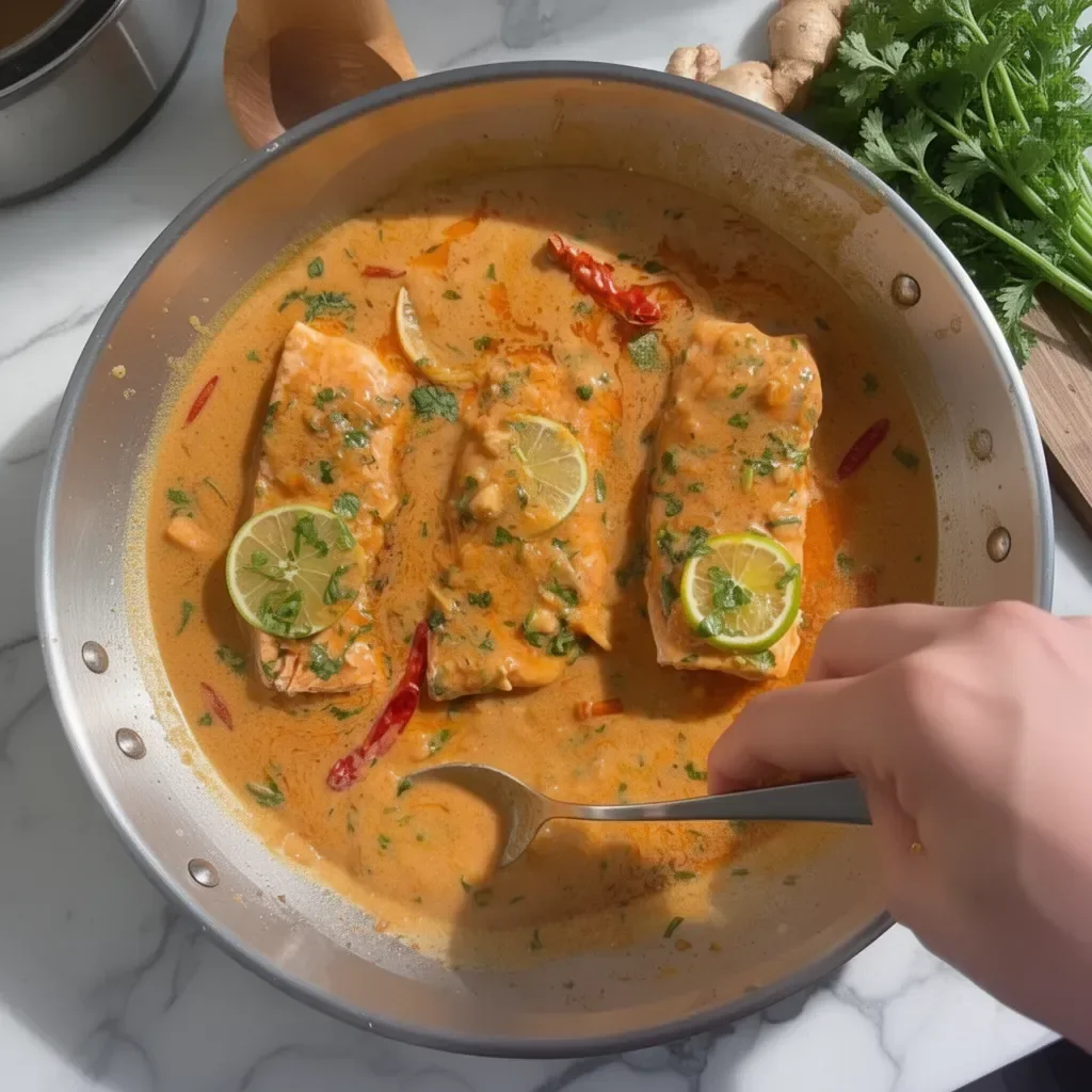 30 Minute Coconut Thai Salmon Curry served in a bowl.
