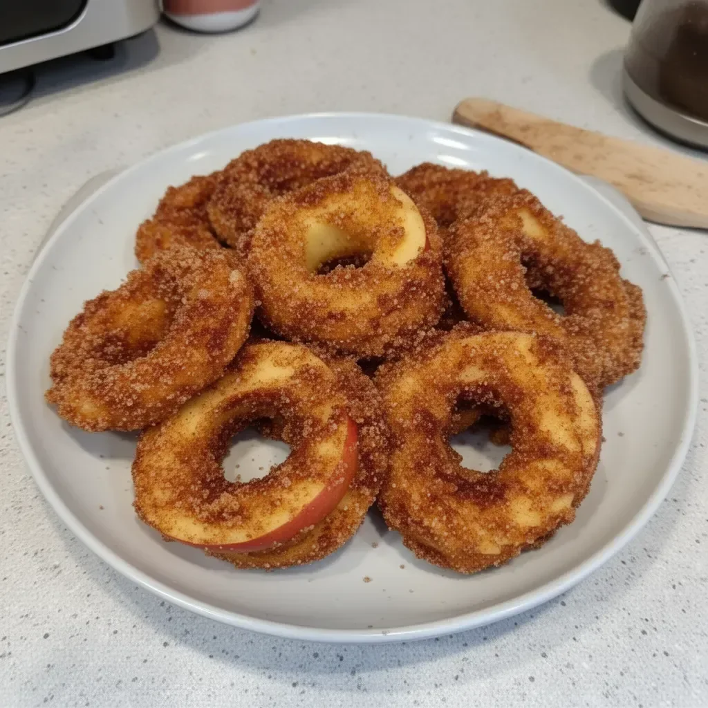 Air fryer cinnamon apple rings garnished with cinnamon and served in a bowl.