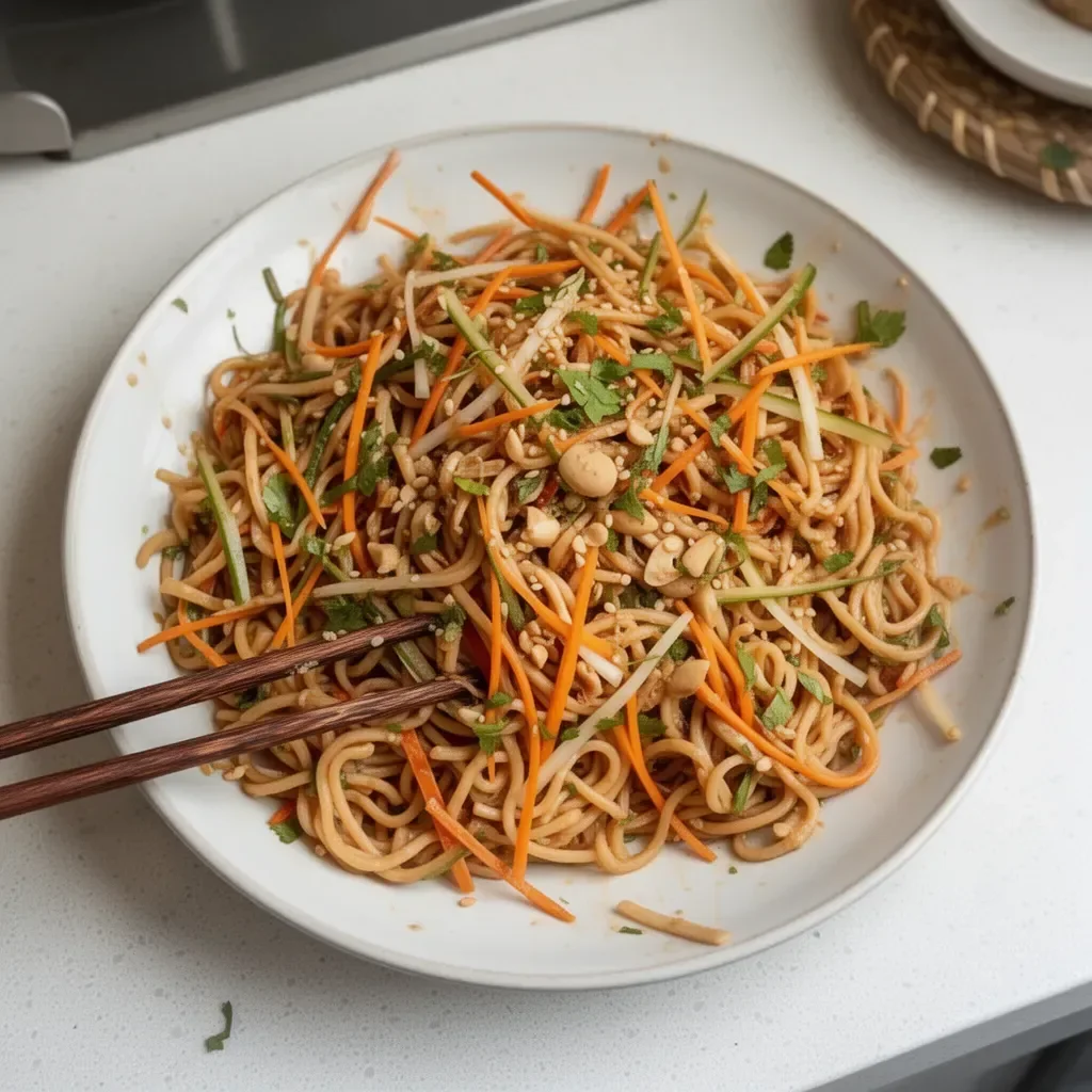 A vibrant bowl of Asian cold noodle salad garnished with vegetables and sesame dressing.