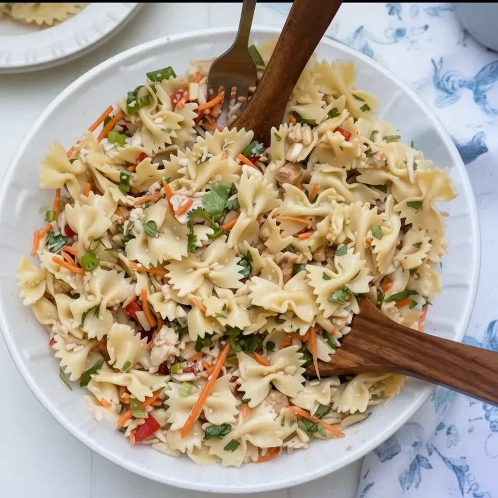 Colorful Asian Pasta Salad with vegetables and sesame dressing
