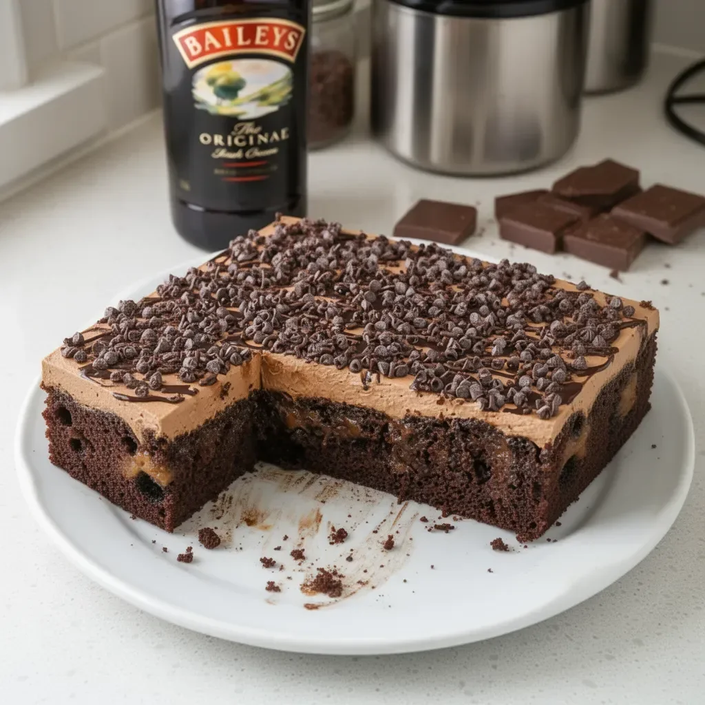 Decadent Baileys Chocolate Poke Cake topped with chocolate drizzle