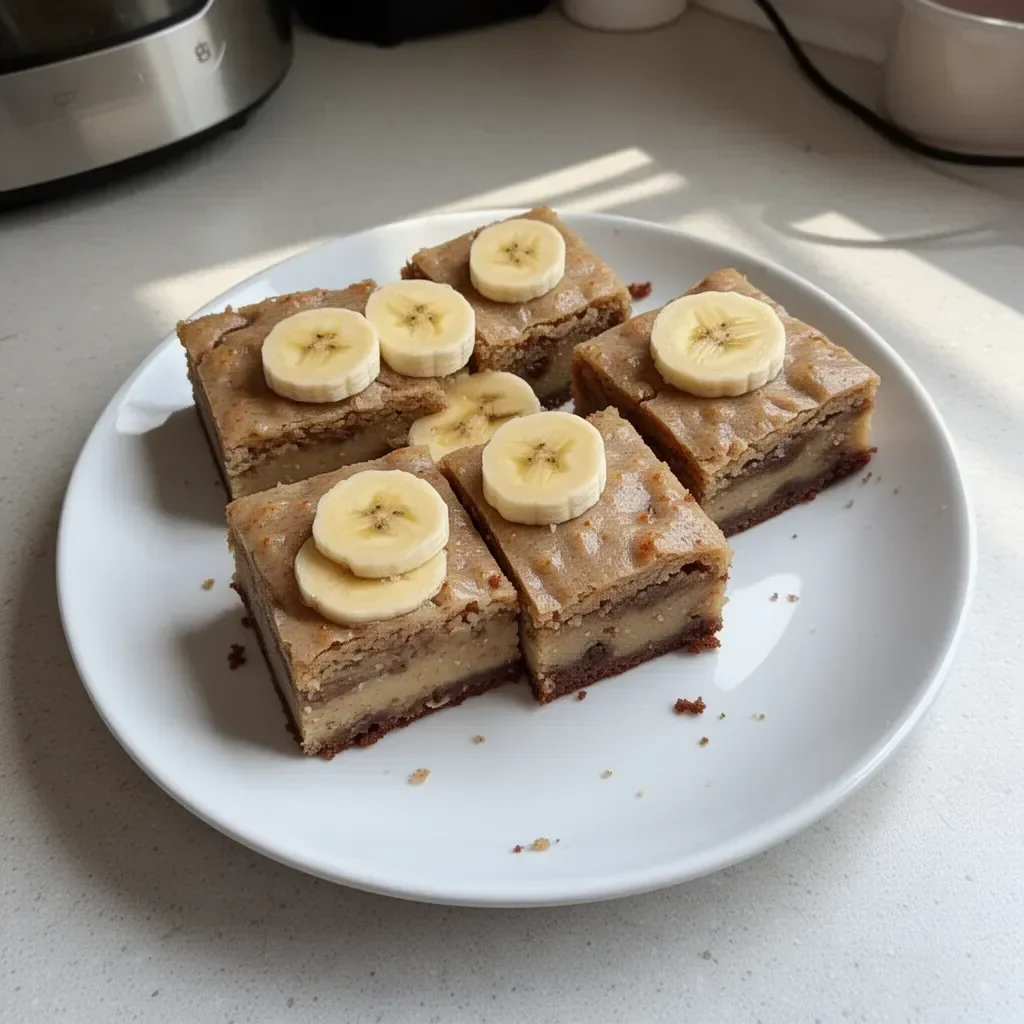 Delicious banana bread brownies served on a plate with chocolate drizzle.